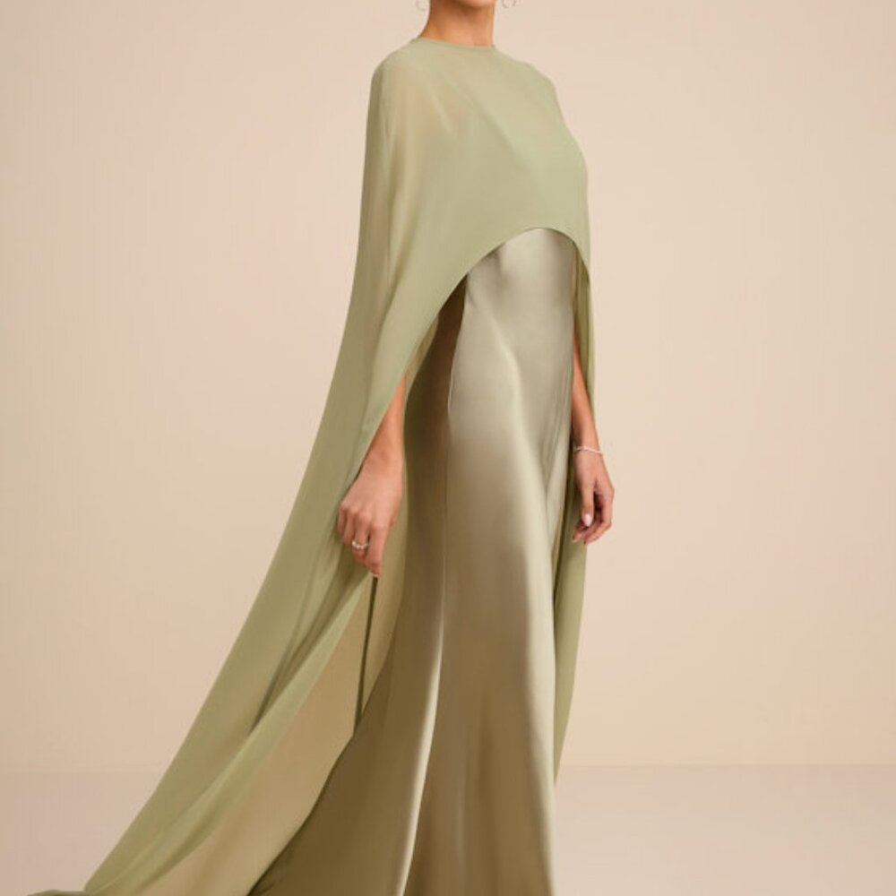 Lulus Cavana Sage Satin Cape Maxi Dress Green - Size M